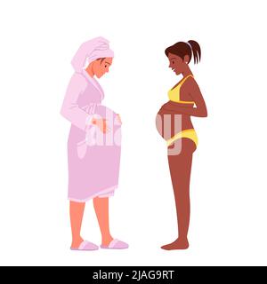 Ensemble femmes enceintes, femme en peignoir, serviette et pantoufles et fille en maillot de bain Illustration de Vecteur