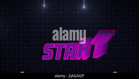 Image numérique d'un signe de démarrage zoomant sur l'écran tandis que l'arrière-plan montre des contours carrés verts se déplaçant vers le haut et la galaxie Banque D'Images