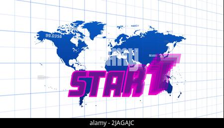 Image numérique d'un signe de démarrage zoomant sur l'écran tandis que l'arrière-plan montre des contours carrés verts se déplaçant vers le haut et la galaxie Banque D'Images