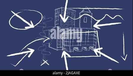 Image numérique de multiples icônes de flèches contre le paysage urbain croquis sur fond noir. Concept d'école et d'éducation Banque D'Images