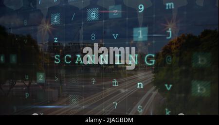 Image de l'avertissement de cyber-attaque et des silhouettes de personnes sur le paysage urbain Banque D'Images