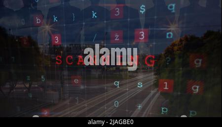 Image de l'avertissement de cyber-attaque et des silhouettes de personnes sur le paysage urbain Banque D'Images