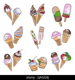 Ensemble de crèmes glacées de différentes formes, crème glacée sur un bâton, crème glacée dans une tasse, boules de crème glacée, crème glacée au chocolat, avec des fruits et du jus congelé Illustration de Vecteur