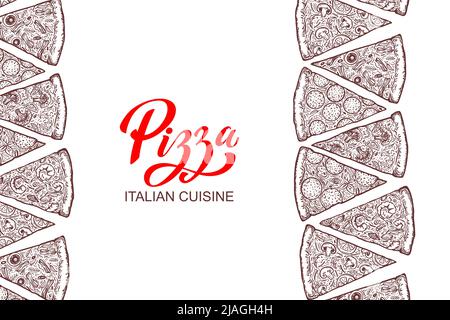 Modèle de menu de cuisine italienne. Modèle de menu de pizzeria dessiné à la main. Morceaux de pizza. Illustration vectorielle Illustration de Vecteur