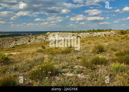 Montagne de craie par une journée ensoleillée, zone protégée près de Svyatogorsk, Ukraine. Banque D'Images