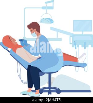 Dentiste examinant la cavité buccale du patient, caractères de couleur vecteur semi-plat Illustration de Vecteur