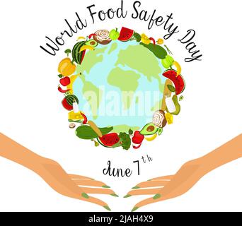 Journée mondiale de la sécurité alimentaire le 7 juin bannière, affiche ou carte vecteur clipart design. Le concept d'une alimentation saine, d'un mode de vie sain. Produits naturels frais Illustration de Vecteur