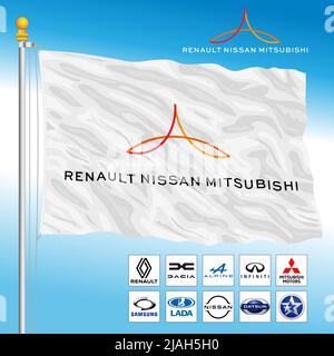 Drapeau du groupe industriel et des produits de marque Renault Nissan Mitsubishi Automotive, illustration Banque D'Images