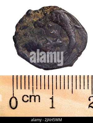 Pièces de cuivre de la Horde d'Or. Numéro 7 2. Macro. Isolé sur blanc Banque D'Images