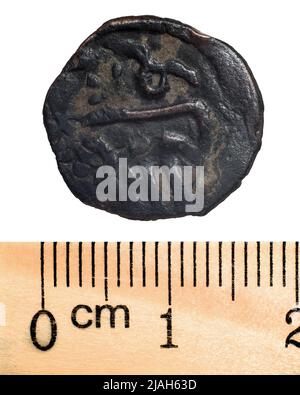 Pièces de cuivre de la Horde d'Or. Numéro 8 1. Macro. Isolé sur blanc Banque D'Images