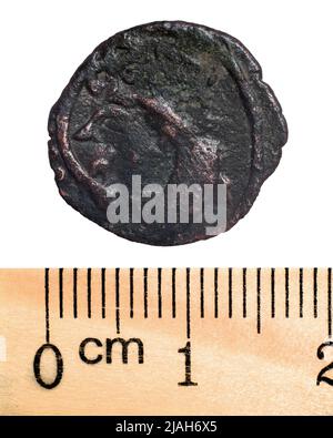 Pièces de cuivre de la Horde d'Or. Numéro 9 1. Macro. Isolé sur blanc Banque D'Images