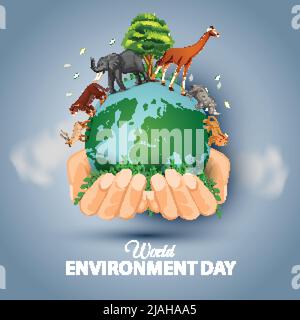 affiche du jour de l'environnement du monde heureux et du jour de la terre. deux mains tenant avec des glob et des animaux. illustration vectorielle. Illustration de Vecteur