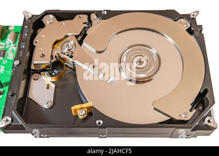 Vue d'un disque dur ouvert qui fonctionne avec un focus au centre du disque uniquement Banque D'Images