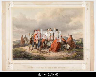 'Bivouac après les batailles de Schwechat.' (Joseph Graf Jelačić von Buzim, Karl Ritter von Zeisberg et Franz de Paula Joachim Fürst Liechtenstein le 30 octobre 1848). Josef Kriehuber (1800-1876), lithographe, Johann Höfelich (1796-1849), Imprimeur, Leopold Theodor Neumann (1804-1876), éditeur Banque D'Images