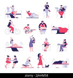 Homme femme routine ensemble quotidien avec des personnages masculins et féminins pendant les activités quotidiennes sur fond vierge illustration vectorielle Illustration de Vecteur