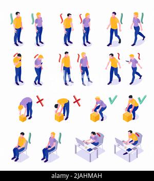 Mauvaise posture correcte maintien avec un bon alignement des parties du corps marche assise soulèvement d'objets illustration isométrique ensemble Illustration de Vecteur