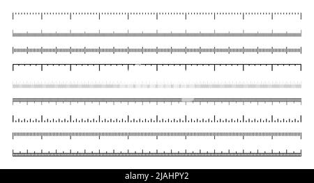 Diverses échelles de mesure avec divisions. Échelle réaliste pour mesurer la longueur ou la hauteur en centimètres, millimètres ou pouces. Règle, mètre à ruban Illustration de Vecteur