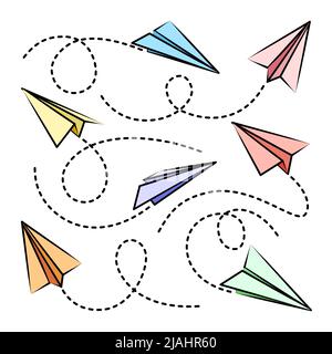 Différents plans de papier dessinés à la main.Avions à bord colorés avec ligne en pointillés.Icône avion, silhouettes avion simples.Contour, dessin au trait vecteur Illustration de Vecteur
