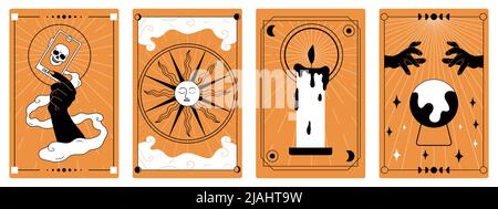 Collection d'affiches Mystic de style boho avec des symboles de la mort de bougie de soleil sur fond orange illustration vectorielle plate isolée Illustration de Vecteur
