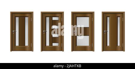 Porte jeu réaliste de quatre portes en bois isolées avec surface en bois marron et différentes configurations de fenêtre illustration vectorielle Illustration de Vecteur