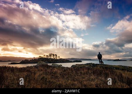 Paysage écossais - personne avec un chien en admirant la vue et le lever du soleil lors d'une promenade sauvage à Druimindarroch et Borrodale Beach en hiver, près d'Arisaig, Scotl Banque D'Images