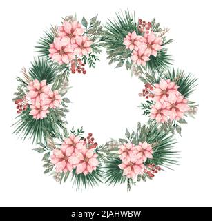 Couronne d'arbre de Noël aquarelle avec fleurs Poinsettia et baies décoration clipart, cadre d'hiver illustration, joli décor de vacances clip art, voiture Banque D'Images