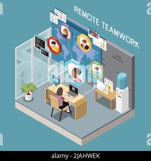 Gestion à distance travail d'équipe concept isométrique avec femme surveillant les employés de son bureau 3D illustration vectorielle Illustration de Vecteur