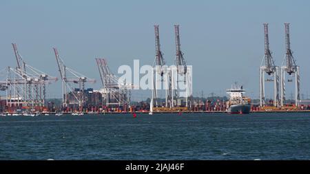 Southampton, Angleterre, Royaume-Uni. 2022. Vue des grues et de l'expédition au terminal de conteneurs DP World et d'un petit navire à conteneurs le départ de BF Fortaleza. Sout Banque D'Images