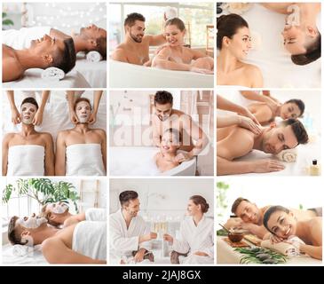 Collage avec de jeunes couples se détendant dans le salon de spa Banque D'Images