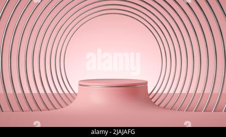 rendu 3d, arrière-plan abstrait rose minimal, socle de cylindre vide avec cadre art déco argenté, maquette vierge, espace libre pour la présentation des produits, Banque D'Images