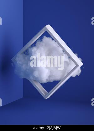 3d rendu, nuage blanc doux volant à travers le cadre carré. Intérieur minimal. Concept de lévitation. Objets isolés sur fond bleu, Banque D'Images