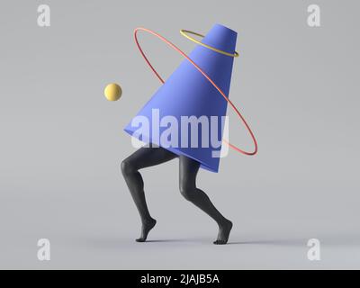 3D rendu, abstrait minimaliste surréaliste art contemporain concept géométrique, cône, marche des jambes noires, anneau rouge, boule jaune isolée sur fond blanc. Banque D'Images