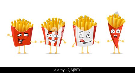 Ensemble de personnages de dessin animé souriants et drôles de frites. Collection de mascottes de pommes de terre rôties à l'expression du visage. Différents paquets de fast food joyeuse émoticônes vecteur eps illustration Illustration de Vecteur