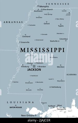 Mississippi, MS, carte politique grise avec la capitale Jackson, et les grandes villes importantes. Dans la région sud-est des États-Unis. Banque D'Images