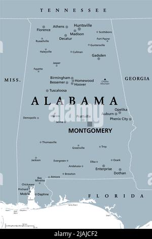 Alabama, AL, carte politique grise, avec la capitale Montgomery, grandes et importantes villes. Dans la région sud-est des États-Unis. Banque D'Images
