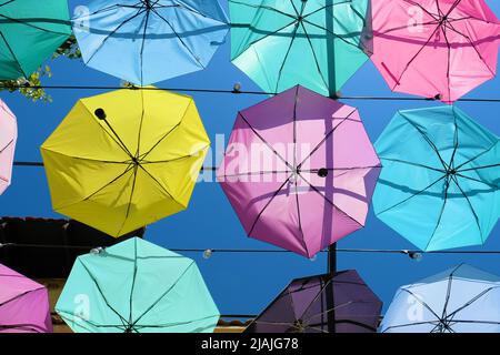 Parapluies suspendus à des câbles créant un effet de plafond; rangées de parasols décoratifs de couleur pastel en translucide dans le ciel bleu vif rempli de soleil Banque D'Images