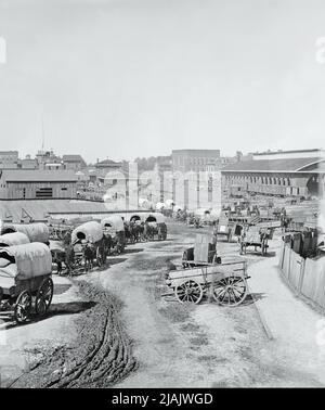 Atlanta, Georgia Railroad Depot Federal Army Wagon train, 1864 Banque D'Images