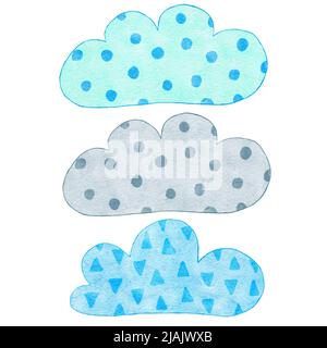 Aquarelle dessin à la main des nuages gris bleu mignons. Garçon bébé douche design pour invitations salutation fête, pépinière clipart est pastel couleurs moderne minimaliste imprimé pour les enfants Banque D'Images