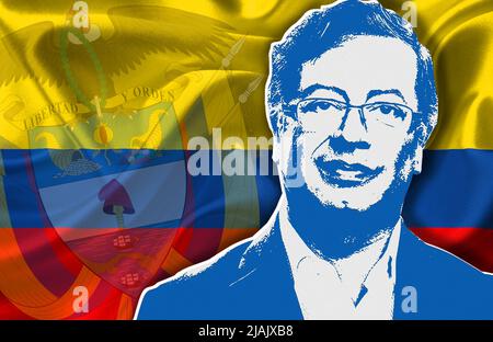 Gustavo Petro, le drapeau et les armoiries de la Colombie Banque D'Images