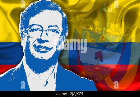 Gustavo Petro, le drapeau et les armoiries de la Colombie Banque D'Images