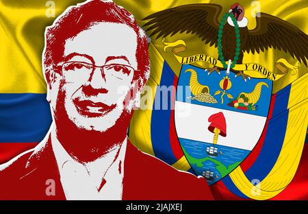 Gustavo Petro, le drapeau et les armoiries de la Colombie Banque D'Images