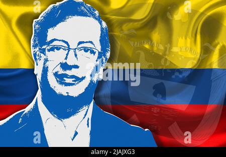 Gustavo Petro, le drapeau et les armoiries de la Colombie Banque D'Images