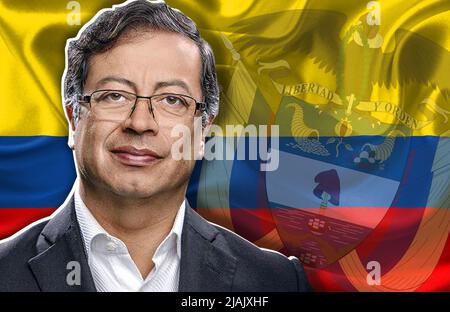 Gustavo Petro, le drapeau et les armoiries de la Colombie Banque D'Images