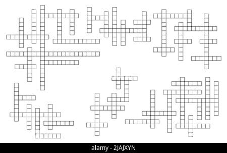 Jeu de mots croisés, trouver la collection de grilles de casse-mots. Activité de lecture de texte, énigme de mots croisés ou quiz. Jeu de grilles croisées de vecteurs de jeu vocal ou de casse-tête éducatif Illustration de Vecteur