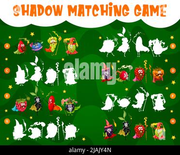 Jeu Shadow Match. Magicien de la baie de dessin animé, personnages de mage et de fée. Jeu de jardin d'enfants de l'intelligence puzzle ou énigme avec trouver tâche d'ombre, page de vecteur de jeu de jeu de quiz d'enfant avec des sorciers gaies Illustration de Vecteur