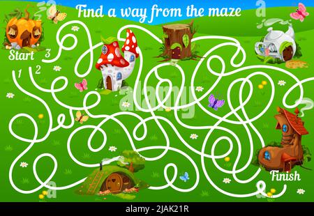 Labyrinthe de labyrinthe avec des maisons de fées de dessin animé et des habitations d'elf ou gnome, jeu de vecteur pour enfants. Labyrinthe labyrinthe labyrinthe de labyrinthe puzzle de trouver la route de la maison d'elf de citrouille, de champignon, de botte et de souche d'arbre Illustration de Vecteur