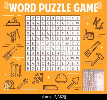 Bricolage et outils de construction jeu de puzzle de recherche de mot feuille de travail. Grille de quiz pour enfants, casse-tête logique ou jeu pour enfants avec équipement de construction à vecteur de ligne mince. Trouver des mots enfants énigme éducative Illustration de Vecteur