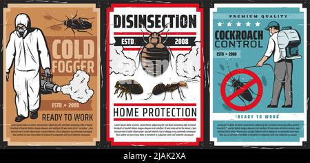 Affiches rétro de vecteur de lutte antiparasitaire, contrôle des cafards, protection de la maison des insectes, méthode de la brumisation à froid. Exterminateur de travailleur en combinaison de protection chimique et masque pulvérisant insecticide, puce, insecte et fourmis Illustration de Vecteur