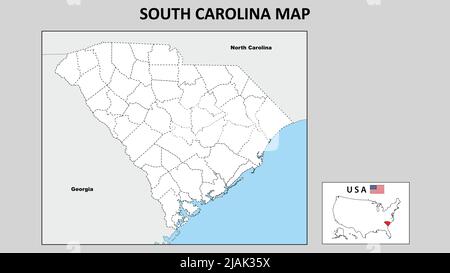 Carte de Caroline du Sud. Carte politique de la Caroline du Sud avec frontières dans Outline. Illustration de Vecteur