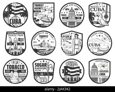 Cuba voyage et le tourisme icônes, les monuments de la Havane et les visites de la ville, vecteur. Panneaux de Cuba, excursions en bateau dans les Caraïbes, agence de voyage, emblèmes de Cuba et sites touristiques Illustration de Vecteur